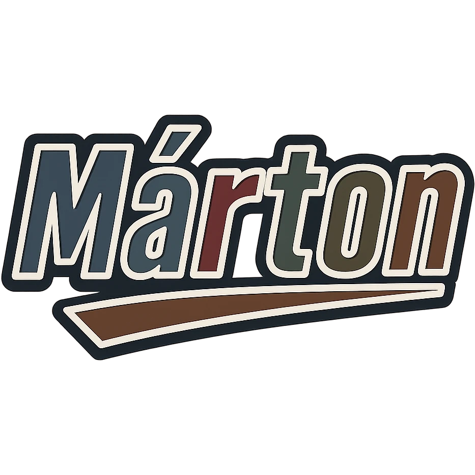 Márton name in masculine, modern, gradient font with precise Hungarian characters, dark outline, extra thick, prominent white border as in reference images, dynamic slanted underline, masculine color shades (blue, gray, burgundy, green, brown), 1000x1000 px, PNG, transparent background emoji
