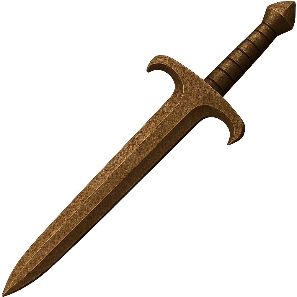 Adjust the color of the bronze longsword to match the slightly darker bronze of the reference greatsword, keeping a realistic metallic and worn look. The style should emulate the emoji style with a transparent background. emoji