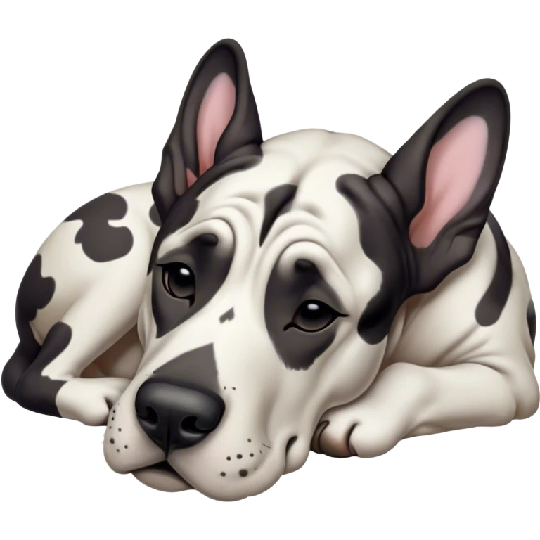 Meme-Worthy Cute Sleeping Harlequin Great Dane Portrait Emoji, Head resting peacefully with a contented smile, showcasing a delightfully majestic build and a luxuriously soft coat of predominantly white with bold black patches, eyes shut in a serene nap, Simplified yet hilariously adorable features, highly detailed, glowing with a soft, drowsy light, high shine, relaxed and utterly lovable, stylized with an air of playful laziness, bright and heartwarming, soft glowing outline, capturing the essence of a comically sleepy guardian, so meme-worthy it feels like it could instantly become the next viral sensation of adorable slumber! emoji