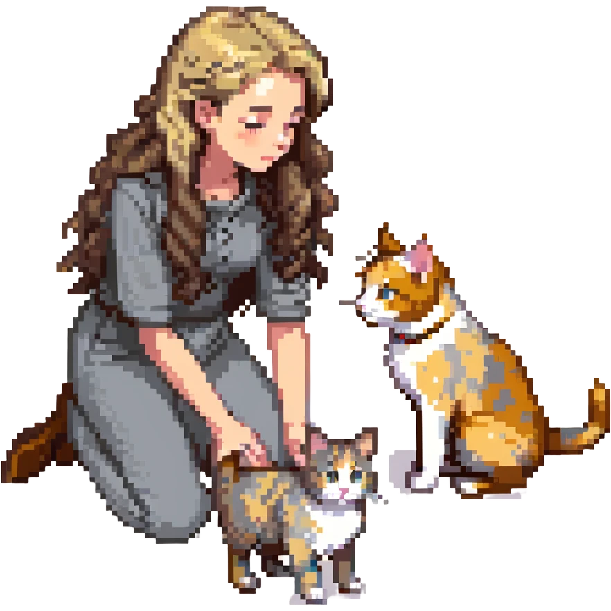 Remix: Beautiful girl with long curly brown hair, inspired by the reference, petting a gray and blonde mixed cat, pixel art style, girl kneeling, cat looking up emoji