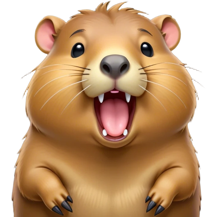 Cinematic Cute Yawning Capybara Portrait Emoji, Head tilted slightly with a dramatic, wide-open yawn, showcasing a plush, rounded body with drowsy, half-closed eyes and a relaxed expression, Simplified yet irresistibly adorable features, highly detailed, glowing with a soft, cozy natural glow, high shine, relaxed yet expressive, stylized with a dash of whimsical charm, soft glowing outline, capturing the essence of a drowsy yet affectionate guardian that seems ready to stretch out for a nap! emoji