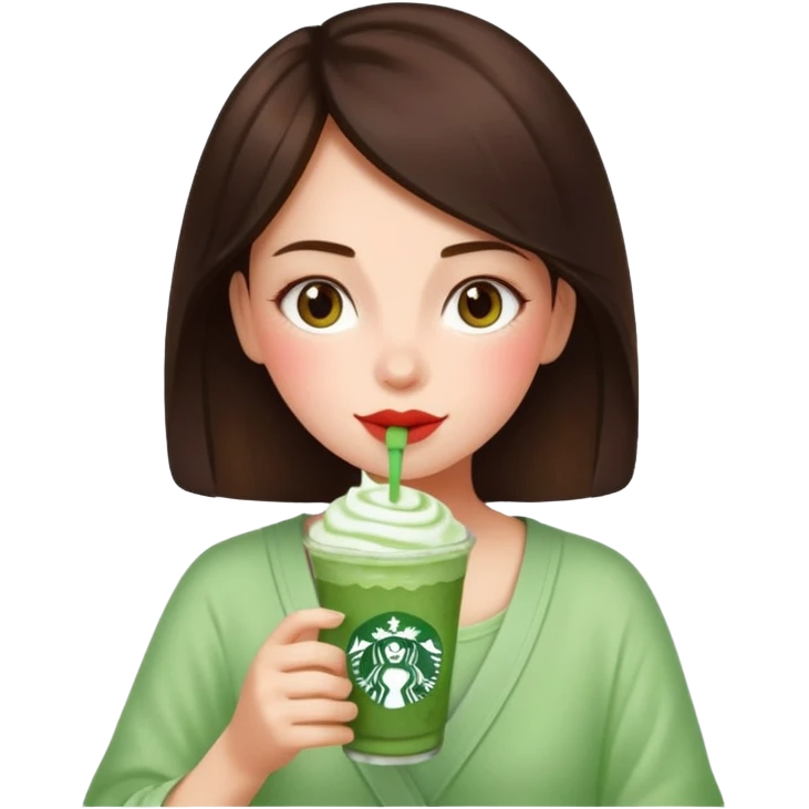 Brunette girl drinking matcha with strawberry cold foam from Starbucks  emoji