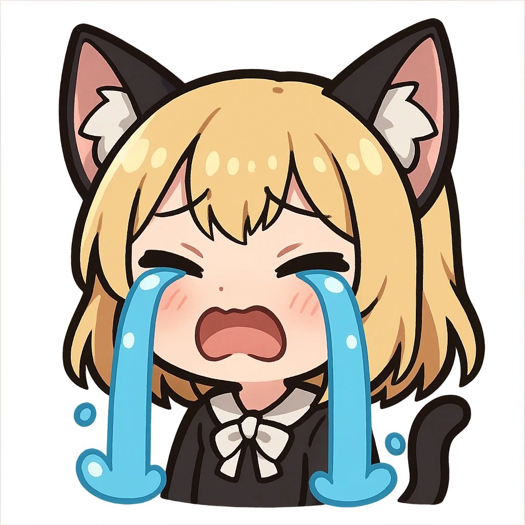chibi anime catgirl with black and white cat ears, blonde hair, blue eyes, white skin, cute, crying expression, Twitch emote emoji