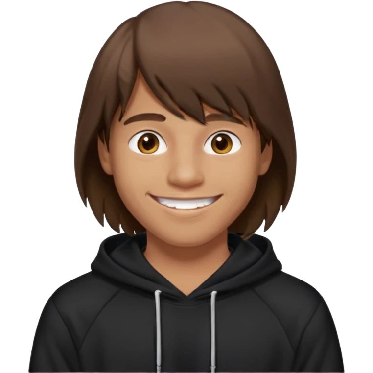 20 yr old man, brown hair, straight, big smile, white teeth, tanned skin, bangs, black hooded sweatshirt, long hair in back, middle parted bangs emoji