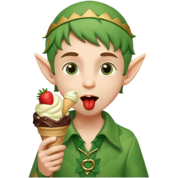 
A young elf boy in leafy clothes licking a triple-scoop ice cream with wide eyes.
baby elf with strawberry ice cream




 emoji