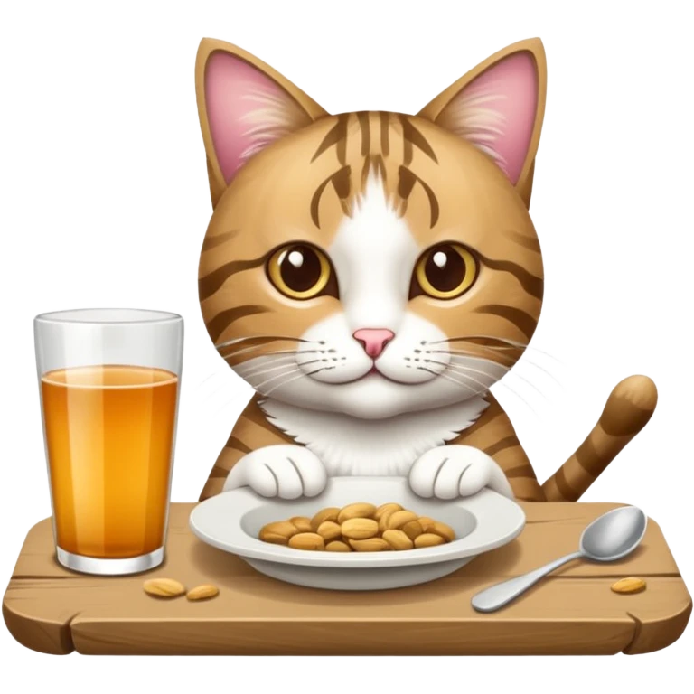 grau weiße Katze auf Tisch mit einem Teller Frikadellen vor sich emoji