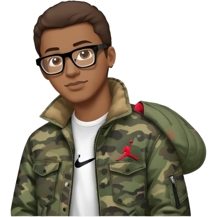 guy with glasses and brown hair and camo jacket and jeans and air jordan 3s emoji