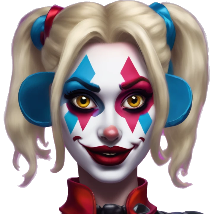 Synthwave Harley Quinn in Uncle Scrooge style, oil paint, mysterious eyes, intricate lips, masterpiece pose, beautiful, desirable, logical emoji