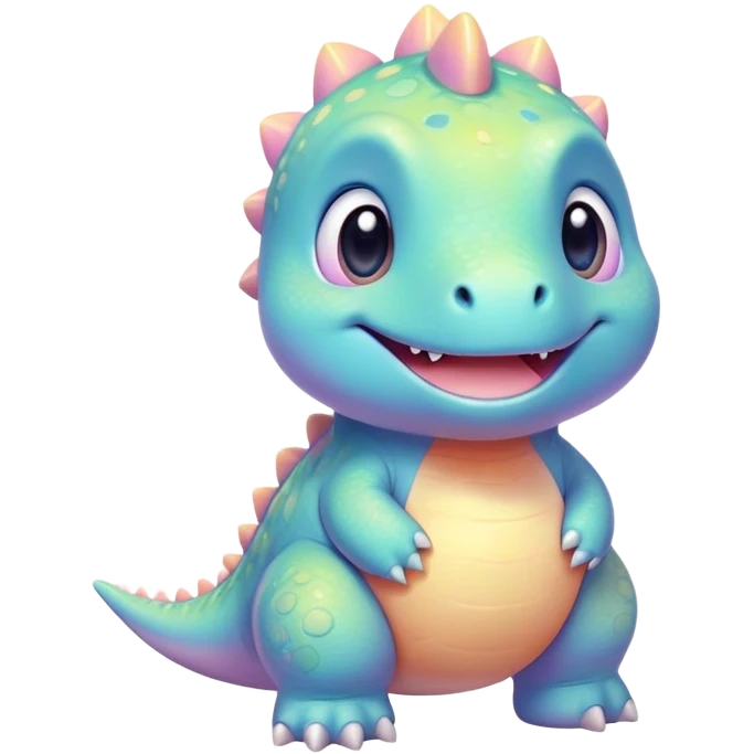 Cinematic tiny pastel dinosaur, chubby round body, tiny feet, big sparkling eyes, soft glowing colors, happy and friendly expression, radiating warmth. emoji