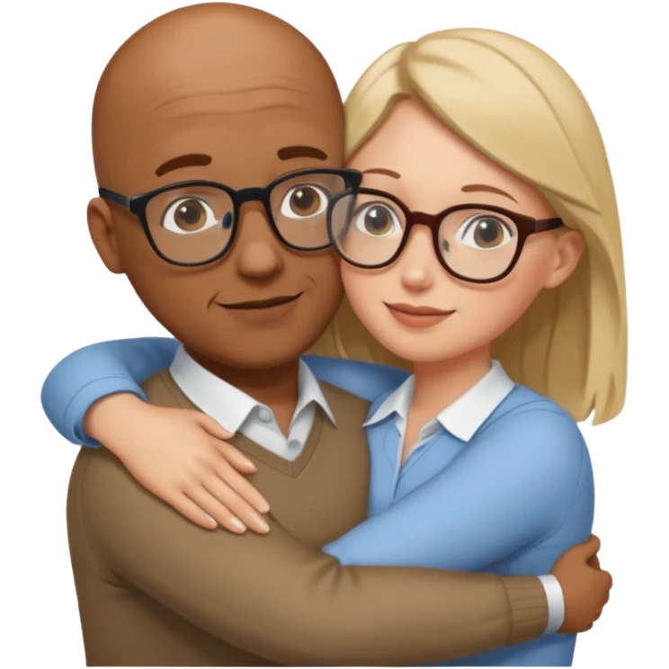 Brown bald Man and white woman wearing glasses  hug love emoji