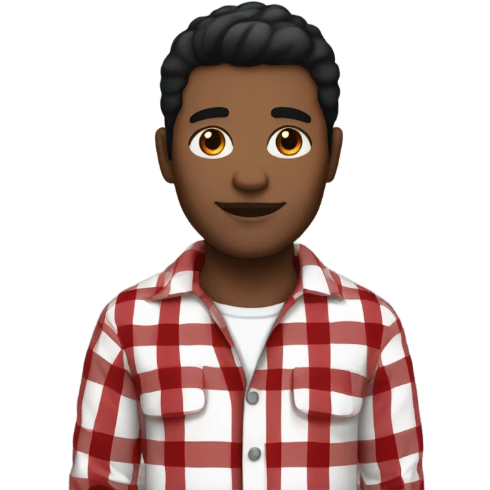 Man with black hair and brown eyes wearing red and black buffalo plaid pjs. White skin. emoji