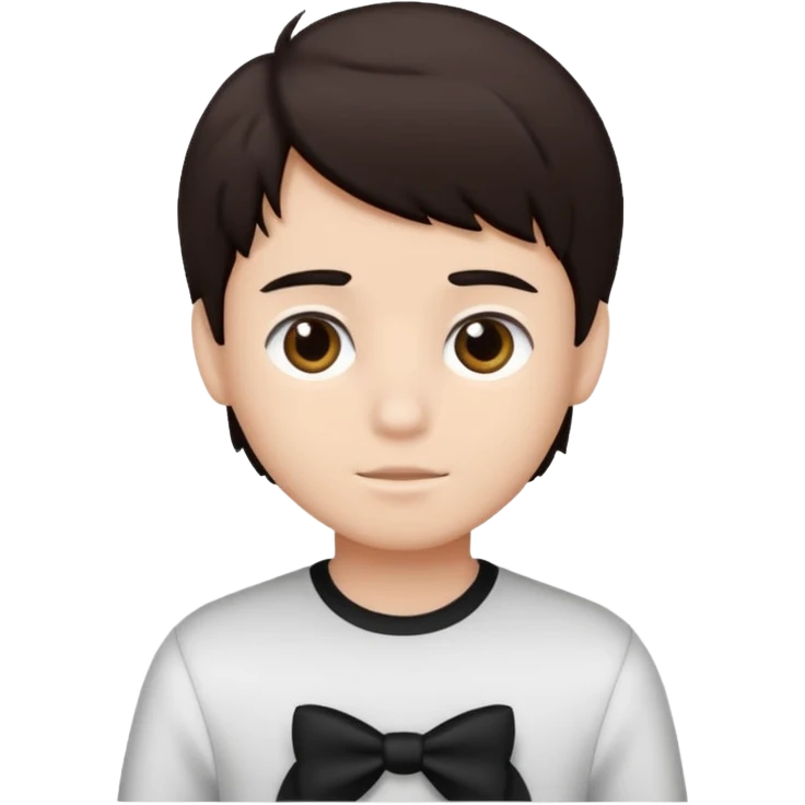Dark brown hair, black and white color and is a boy emoji