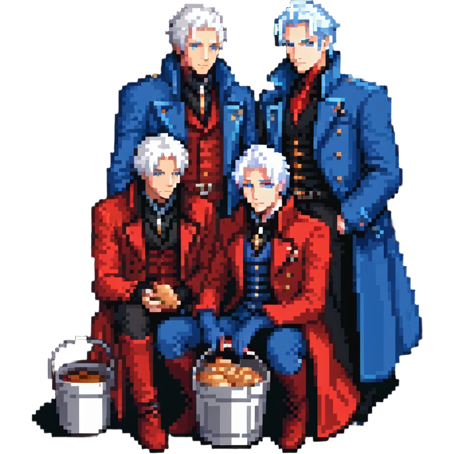 Dante and Vergil from Devil May Cry sitting together in a KFC family bucket, Dante in red coat, Vergil in blue coat, both with white hair emoji
