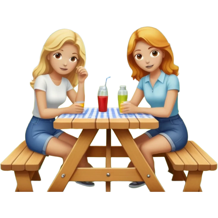 Blonde lady and ginger lady at picnic table emoji
