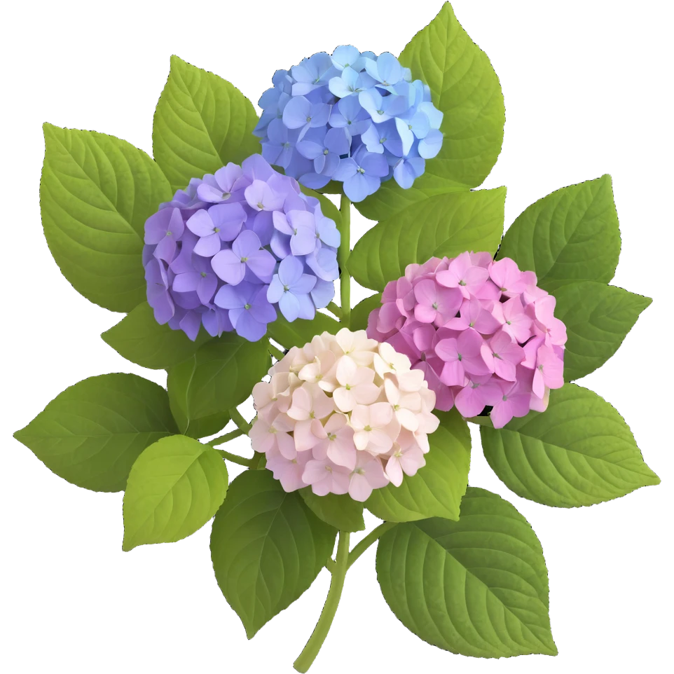 Highly detailed realistic hydrangea flower showing natural texture of many small flowers in a cluster, subtle color variations, and authentic leaf structure emoji