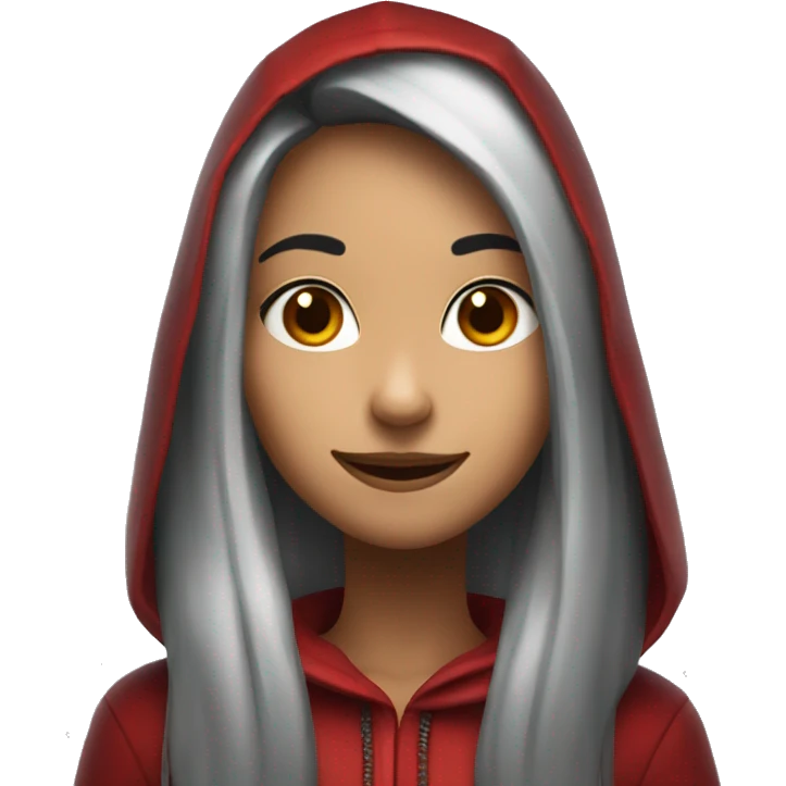 Girl with long black hair and red hood smile happy real with smaller eyes  emoji