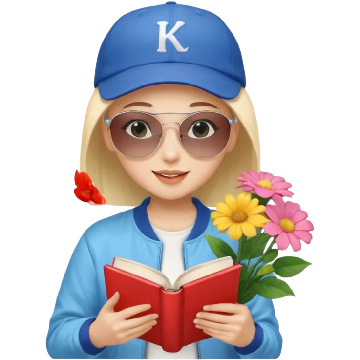 ["A happy girl with light skin, bald, wearing a baseball cap and sunglasses, dressed in K-pop fashion, is reading a book while holding a flower bouquet."] emoji