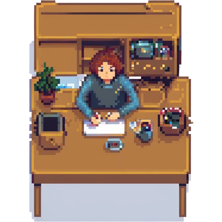 a man sitting at a table editing videos, pixel art style emoji