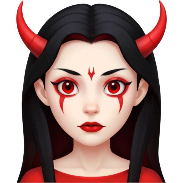 Head only demon girl: ENTIRE skin flat solid red, long straight sleek black hair, sharp cheekbones/jaw, small horns; centered, no body, no text. emoji
