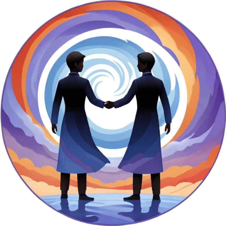 Center composition: Two silhouetted figures standing back-to-back or side-by-side in a circle of calm (soft blues, lavenders, white light)
Around them: Swirling storm energy—abstract shapes, wind lines, chaotic movement in reds, oranges, and dark grays emoji