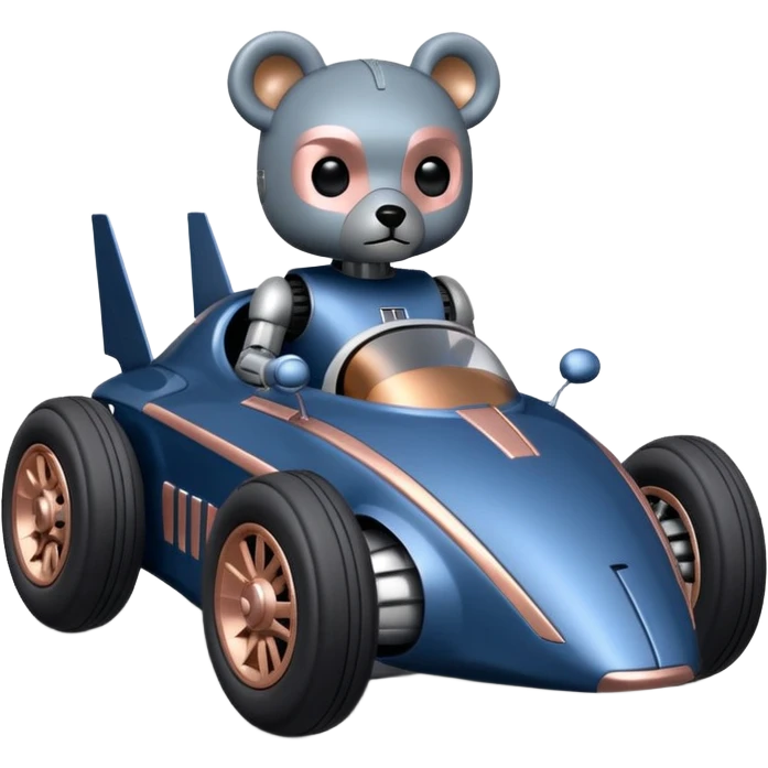  Metallic dark blue and rosegold-accented  racing car for furry-faced grey bearded evil alien scary robot teddy bear and passenger with custom aero body and rear spoiler (Star Wars style) emoji