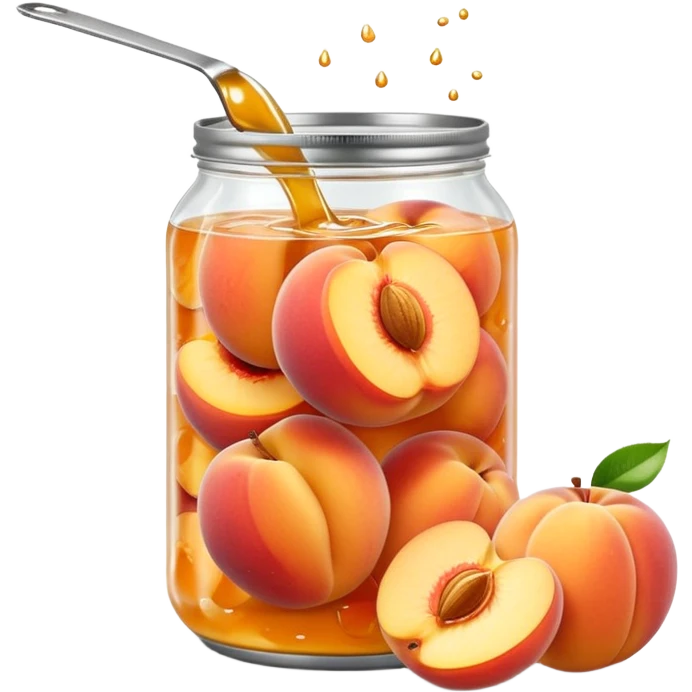 open metal can filled with golden peach halves submerged in glossy light syrup, smooth plump slightly translucent fruit pieces nestled in clear liquid, simple can no label or branding, apple emoji style, soft lighting, subtle shadows, transparent background, emoji scale emoji