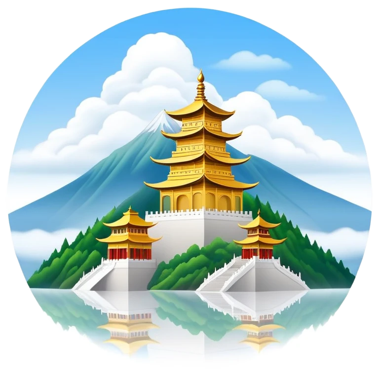 Mount Emei misty peaks with golden temple Sichuan, simplified emoji style with bold outlines and bright colors, cartoon style mountain with clouds emoji