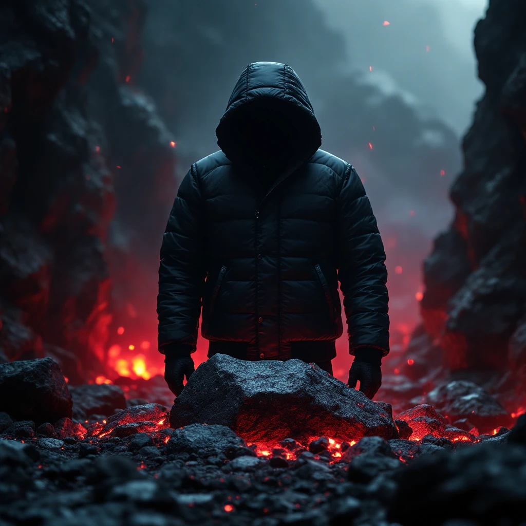cinematic still of a front black puffer jacket around black stone with red coal temeperature environment, back red light, top light  emoji