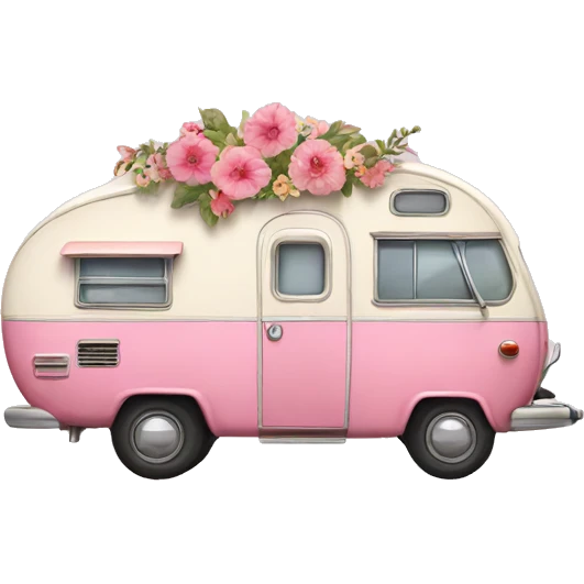Pink vintage camper with florals emoji