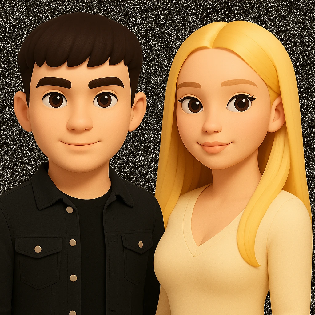 Slightly increase the volume of the upper body of the girl, separate the girl and the boy from each other, and make the skin color the same for both characters. Maintain the cartoonish 3D style in the edit. emoji