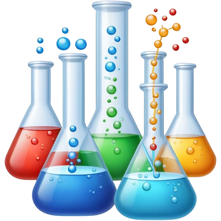 An icon featuring laboratory flasks with tubes, symbolizing chemistry. The design includes liquid and powder substances, a chemical reaction with bubbles, and molecular formulas, representing chemical processes like hydrolysis. Transparent background emoji