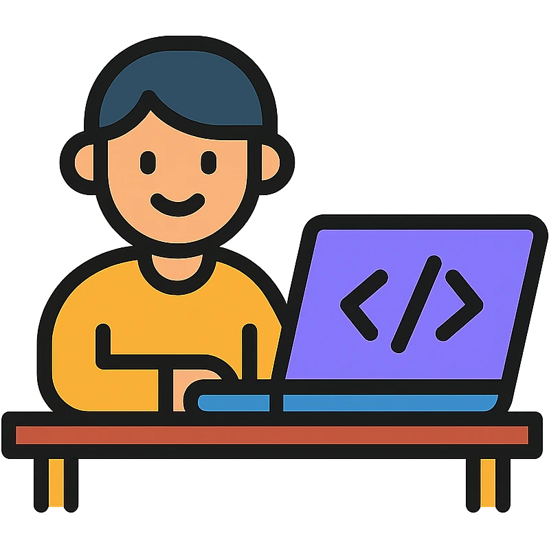 person coding at a desk, cheerful, minimal emoji