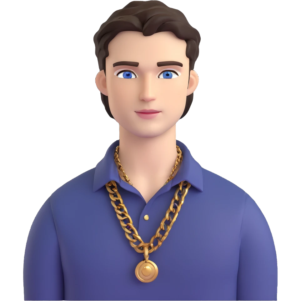 handsome male with intense blue-grey eyes, chiseled features, pale skin, confident smirk, dark brown styled hair, baddie energy, gold chain, stylish fitted shirt emoji
