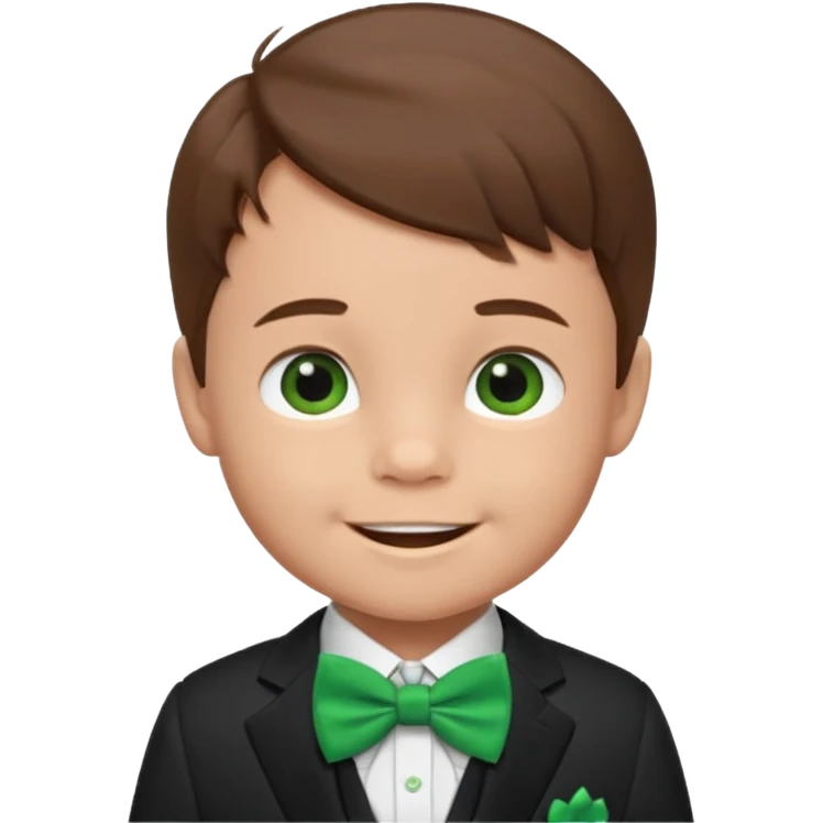 baby cute boy, brown hair in suit, with green bow, smile emoji