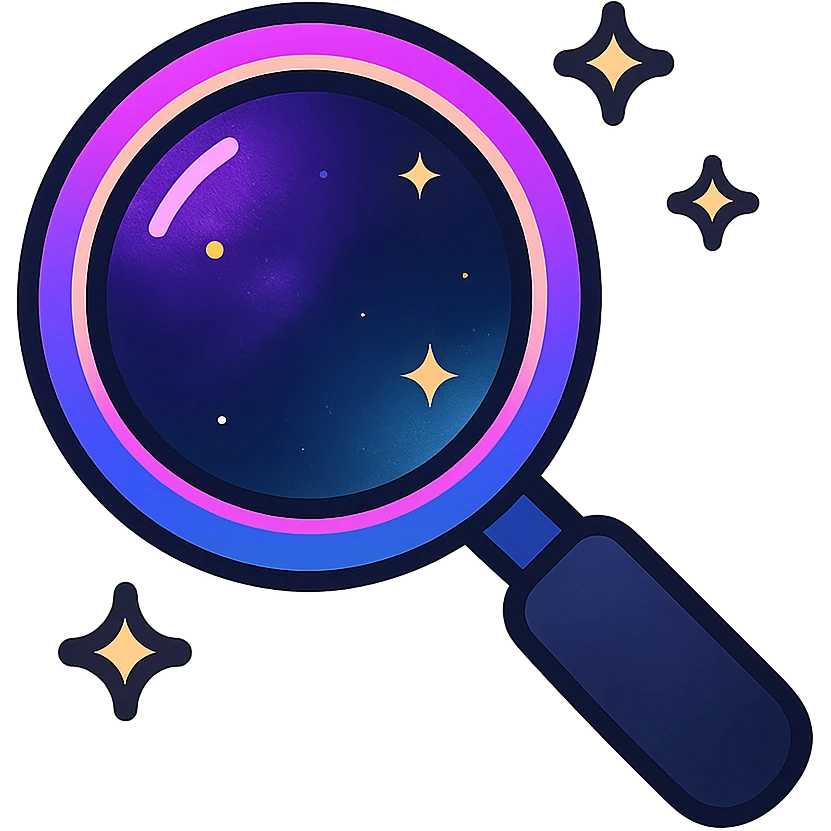 search icon, modern clean magnifying glass with neon border and glowing effect, dark purples blues blacks base, nebula gradients, small bright stars, specular highlights, luminous look emoji