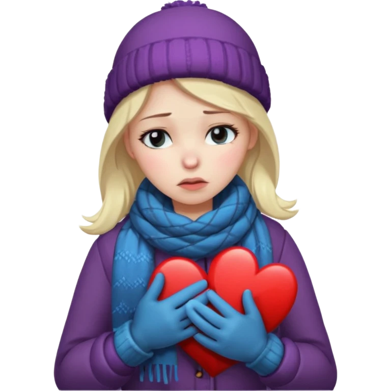 woman broken hearted, looking down sad, about to cry. holding her heart breaking, wearing a winter outfit emoji