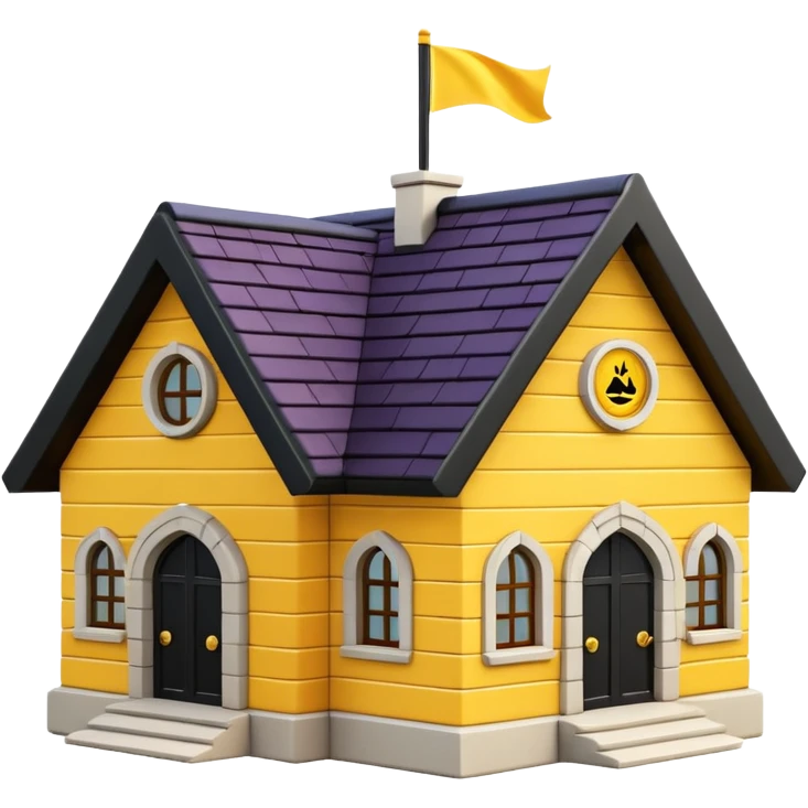 simple school, white background, magic school, black roof, with a big flag, big flag on a roof, big yellow flag, white school emoji
