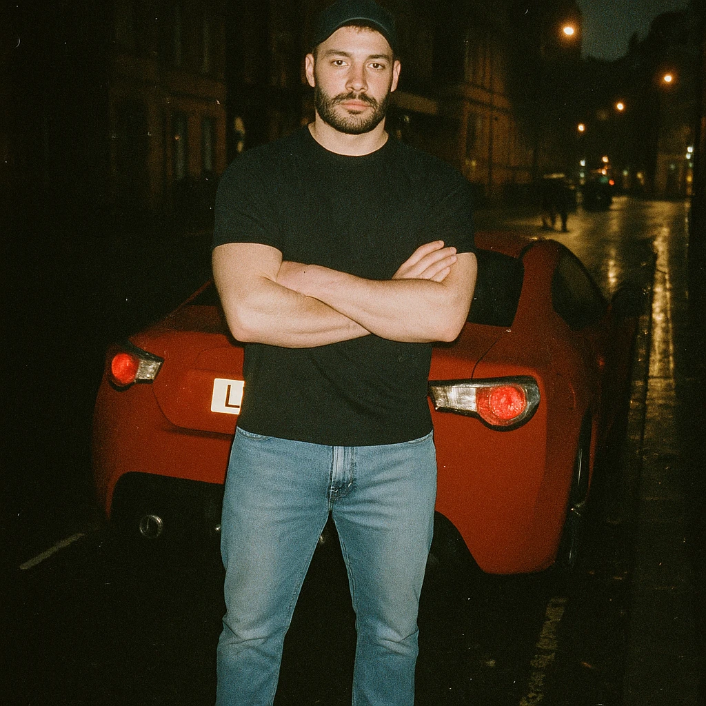 Grunge-style analog photo, London 2025, person inspired by the new reference image with Nissan GT 86 in the background, model pose, black t-shirt, jeans, Nike Air Jordan low, using flash, rainy street, analog grain, 6/8. emoji