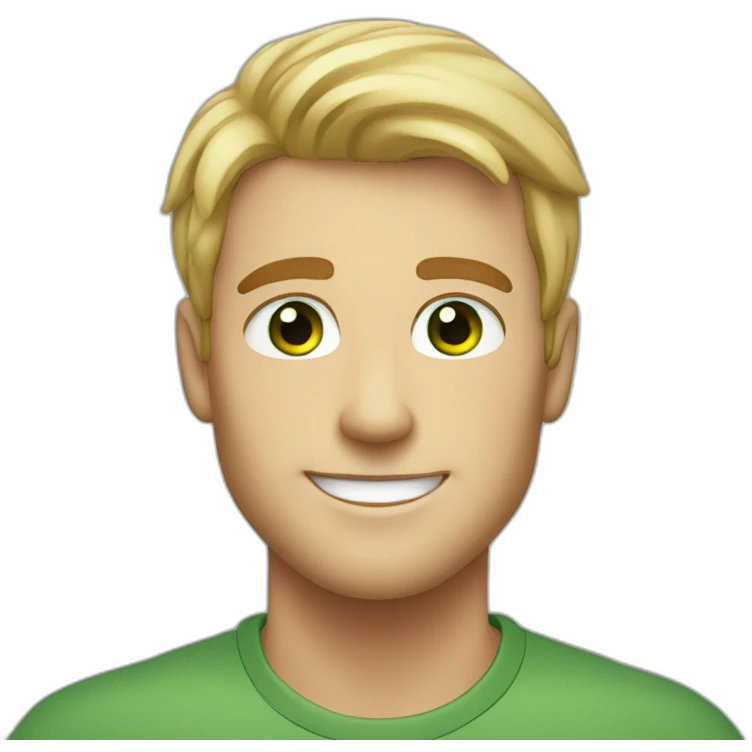 Handsome man smiling with freckles and green eyes. Short blond raid hair. emoji