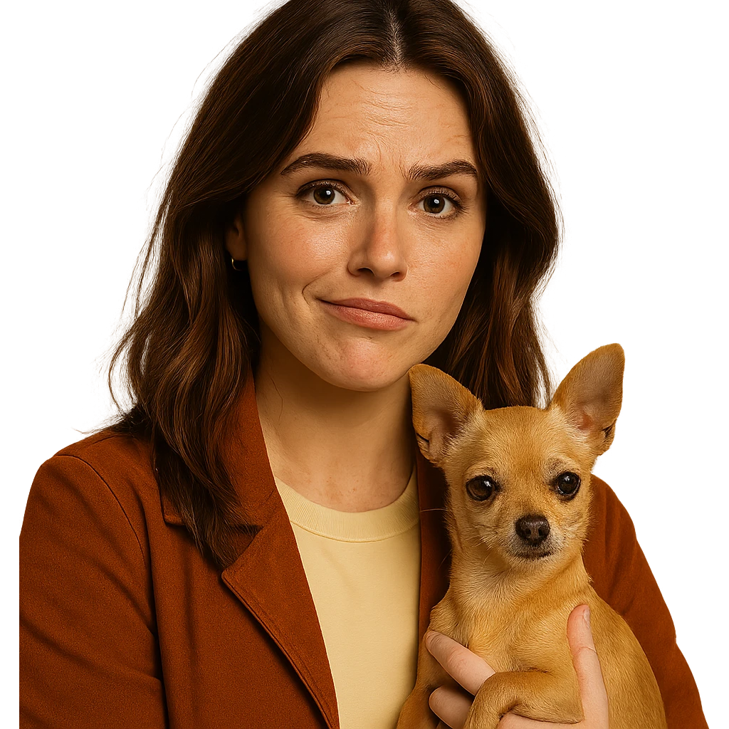 Portrait for Instagram profile picture inspired by the facial features visible in the reference images, with a tanned complexion, subtle freckles, wearing a shirt in color #FFF8CA and a rust-colored jacket, medium-length brown hair with auburn highlights, ironic and sarcastic expression, holding a beige-brown chihuahua, in the style of a Netflix series, transparent background, intimate Tenerife ambiance. emoji