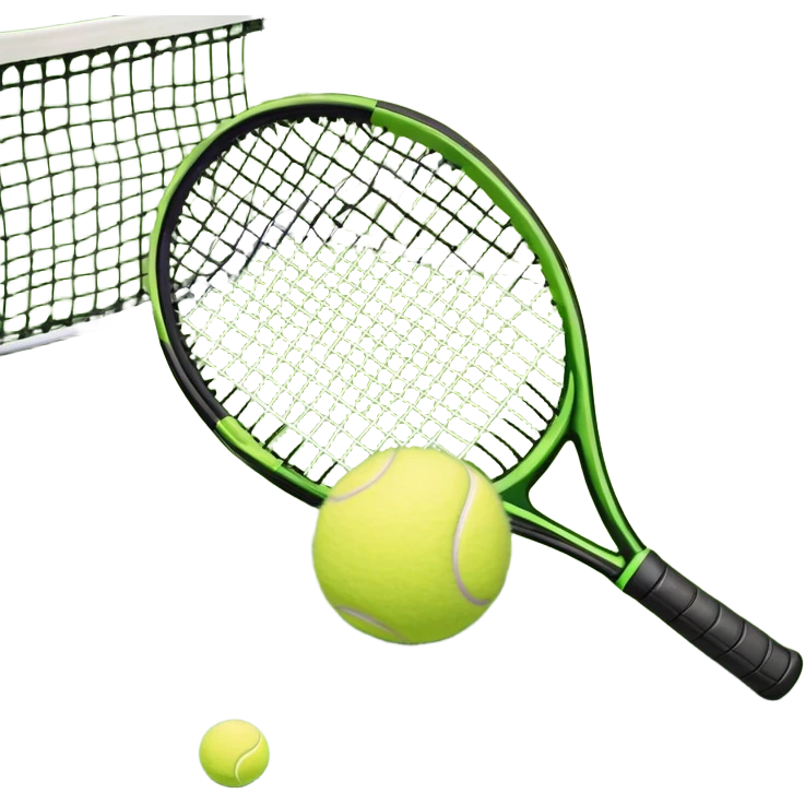 A tennis racket and a ball placed on the ground, with a tennis court in the background. The court lines and net are visible, emphasizing the structure and focus of the sport, creating a dynamic and energetic vibe. emoji