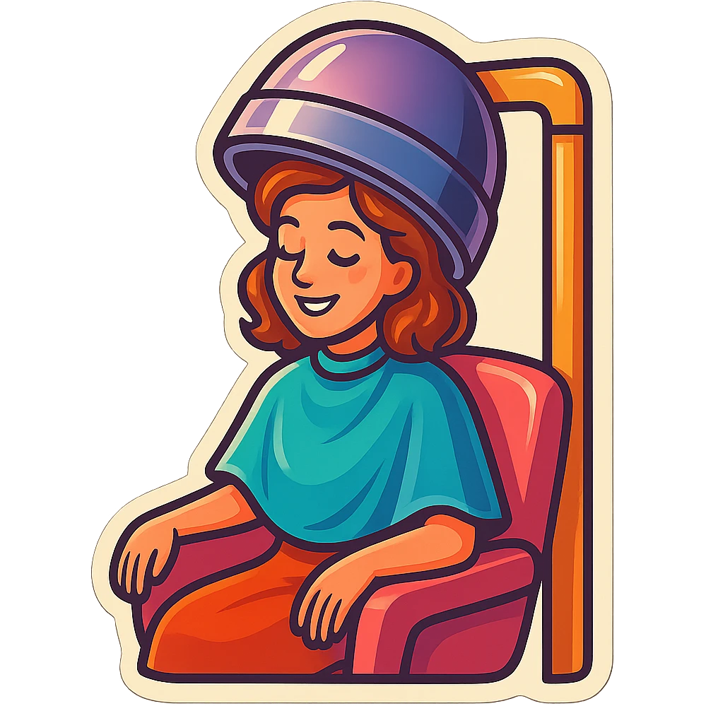 a girl sitting in a beauty salon getting a hair treatment, bright and cheerful emoji