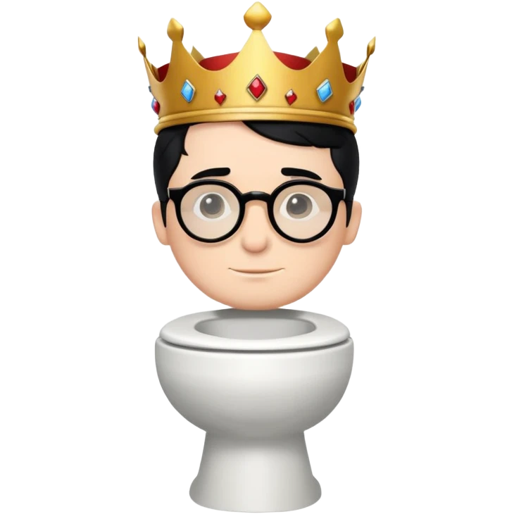 King Charles III with royal crown sitting on a toilet, wearing round glasses and black hair emoji