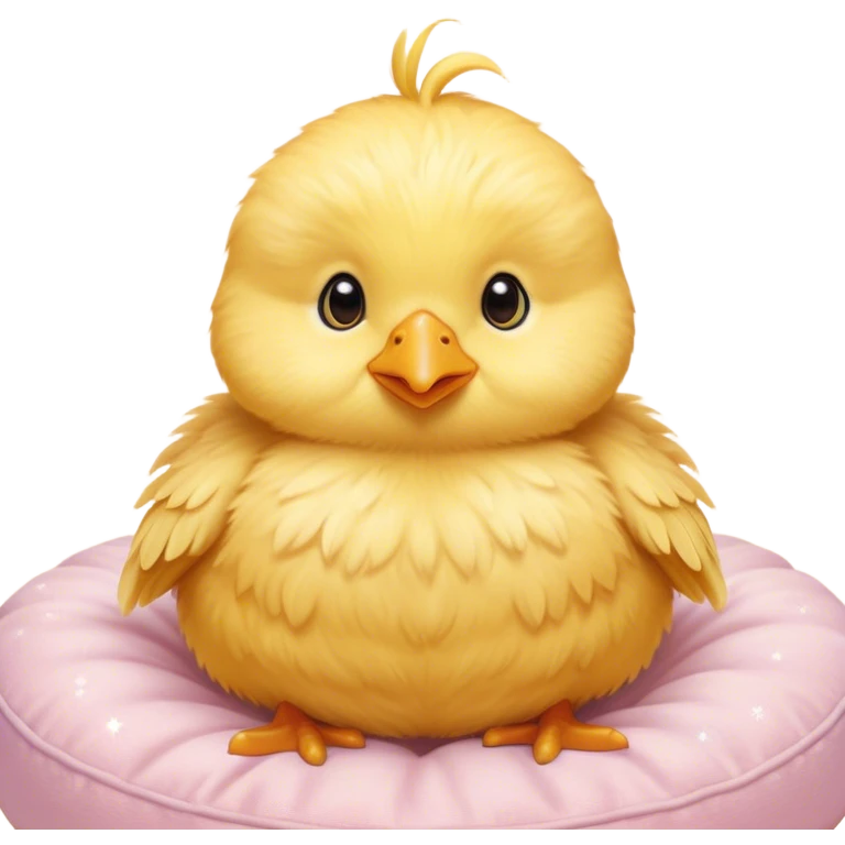 Cinematic round fluffy chick, golden yellow, tiny beak and feet, soft downy feathers, sparkling gentle eyes, sitting on a pastel-colored cushion, radiating warmth and sweetness. emoji