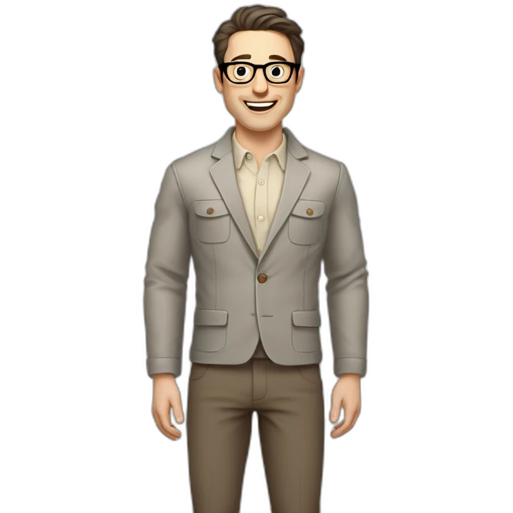 Joyful Full height Pale skinned Fit Man With dark brown hair in gray jacket, beige office shirt, Brown pants and vintage glasses. His thrumbs up emoji