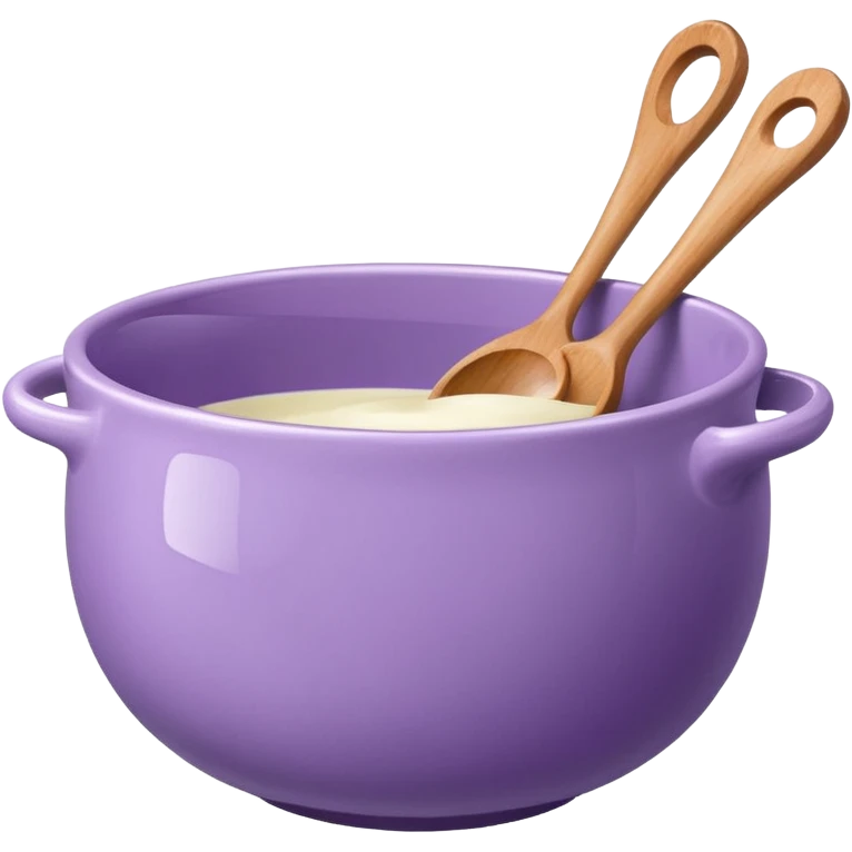 a lilac ceramic mixing bowl with a wooden spoon stirring emoji