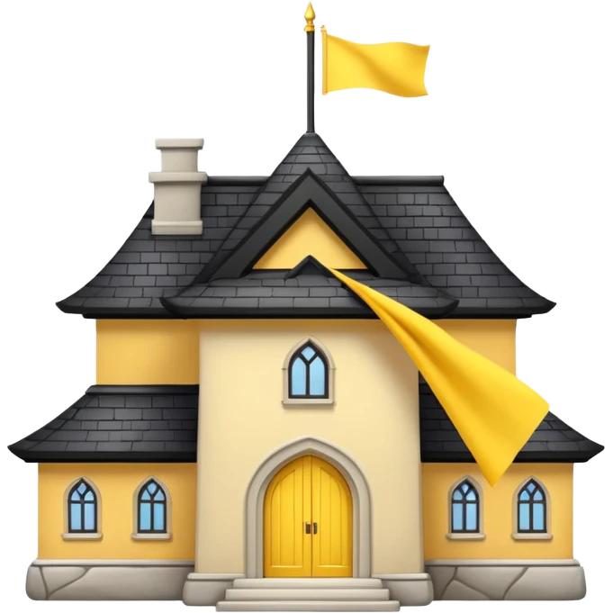 simple magic school, white background, magic school, black roof, with a big flag, big flag on a roof, big yellow flag, white school emoji