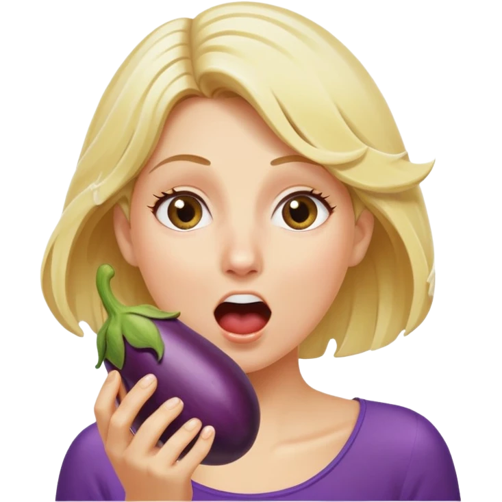 blond woman eating an eggplant, water stream squirting out of the aubergine, surprised expression, clear water splash emoji