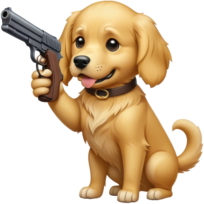 Golden retriever holding a gun with a mad face emoji