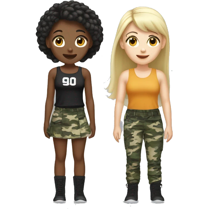Blonde girl white with bangs and camo pants with brown girl with black hair in braid wearing skirt and tank top  emoji